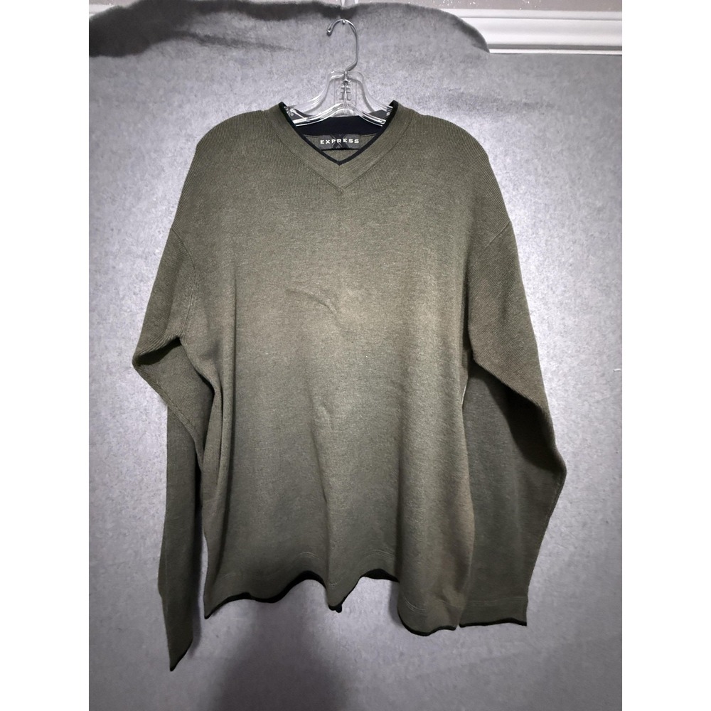 Y2K Express Sweater Mens XL Green Acrylic Cotton V Neck Long Sleeve Pullover